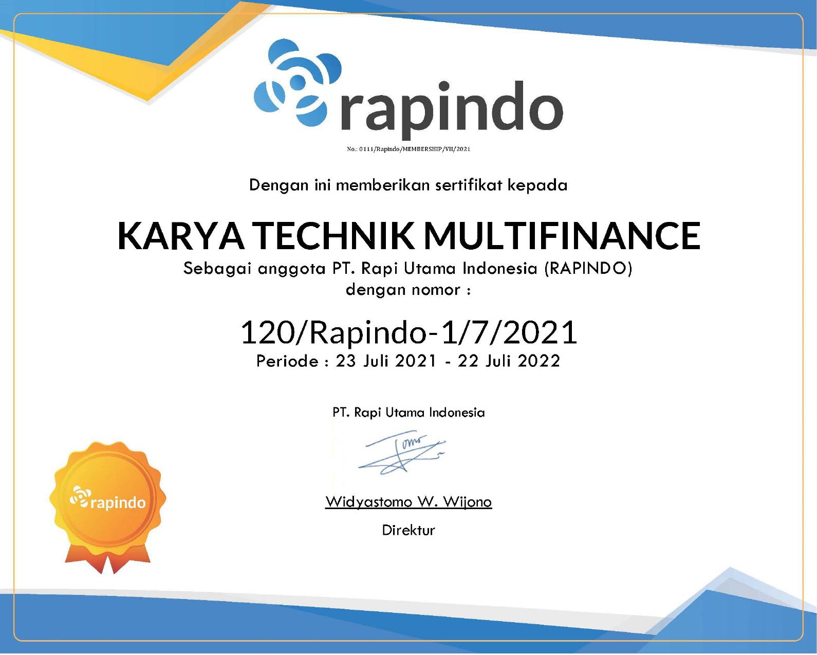 Karya Technik Multifinance Awarded Honorable Certificate from RAPINDO